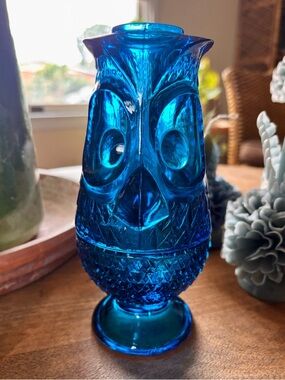 Cobalt Blue Owl Viking Glass Fairy Lamp